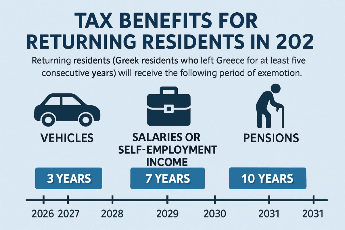 Infographic showing tax benefits for returning residents in 2026 with a timeline of exemption periods