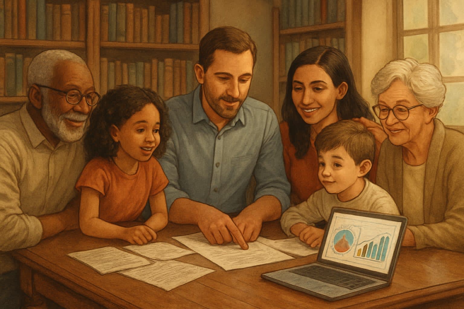 משפחה מגוונת דנה בתכנון מס משפחתי סביב שולחן עתיק בחדר לימוד מואר