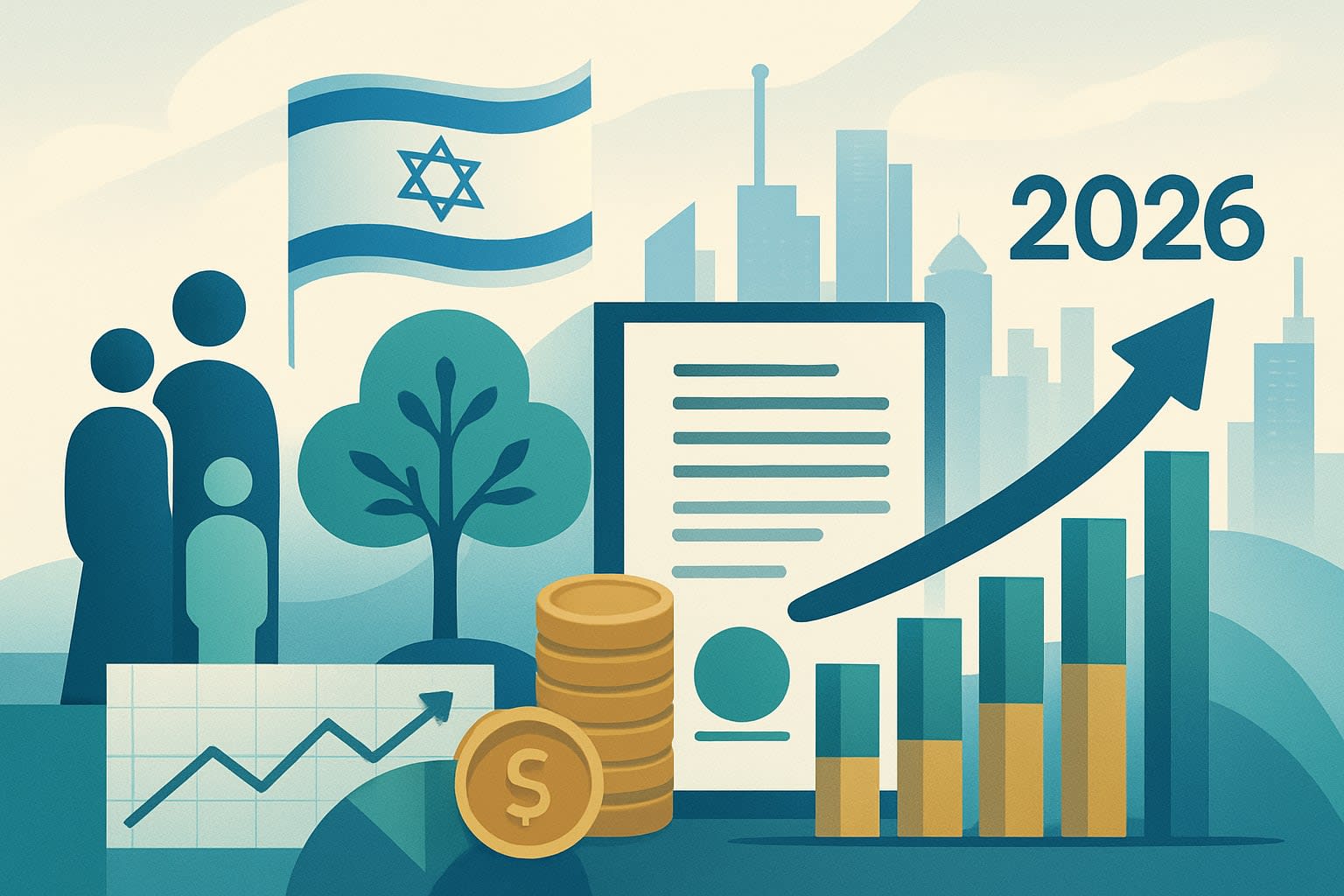 איור קונספטואלי של תכנון מס אסטרטגי לעסק משפחתי בישראל 2026, המציג אינטגרציה בין נתונים פיננסיים, מסמכים משפטיים ומוטיבים משפחתיים על רקע נוף ישראלי, המסמל חיסכון וצמיחה.